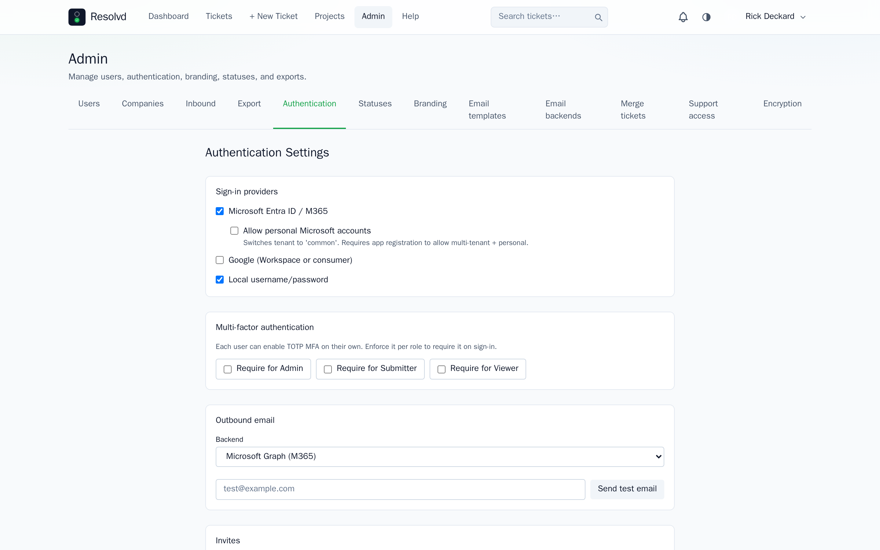 Admin → Authentication settings — Microsoft Entra ID and Local username/password enabled side by side, with multi-factor authentication toggles per role and the outbound email backend selector.