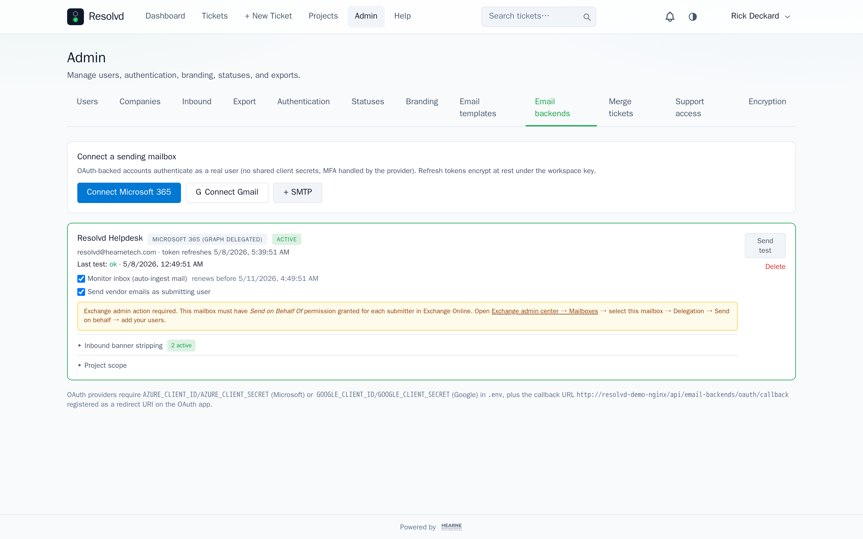 Admin → Email backends, with a connected Microsoft 365 mailbox showing the Monitor inbox toggle, vendor-emails-as-submitting-user toggle, and the inbound banner stripping / project scope panels.