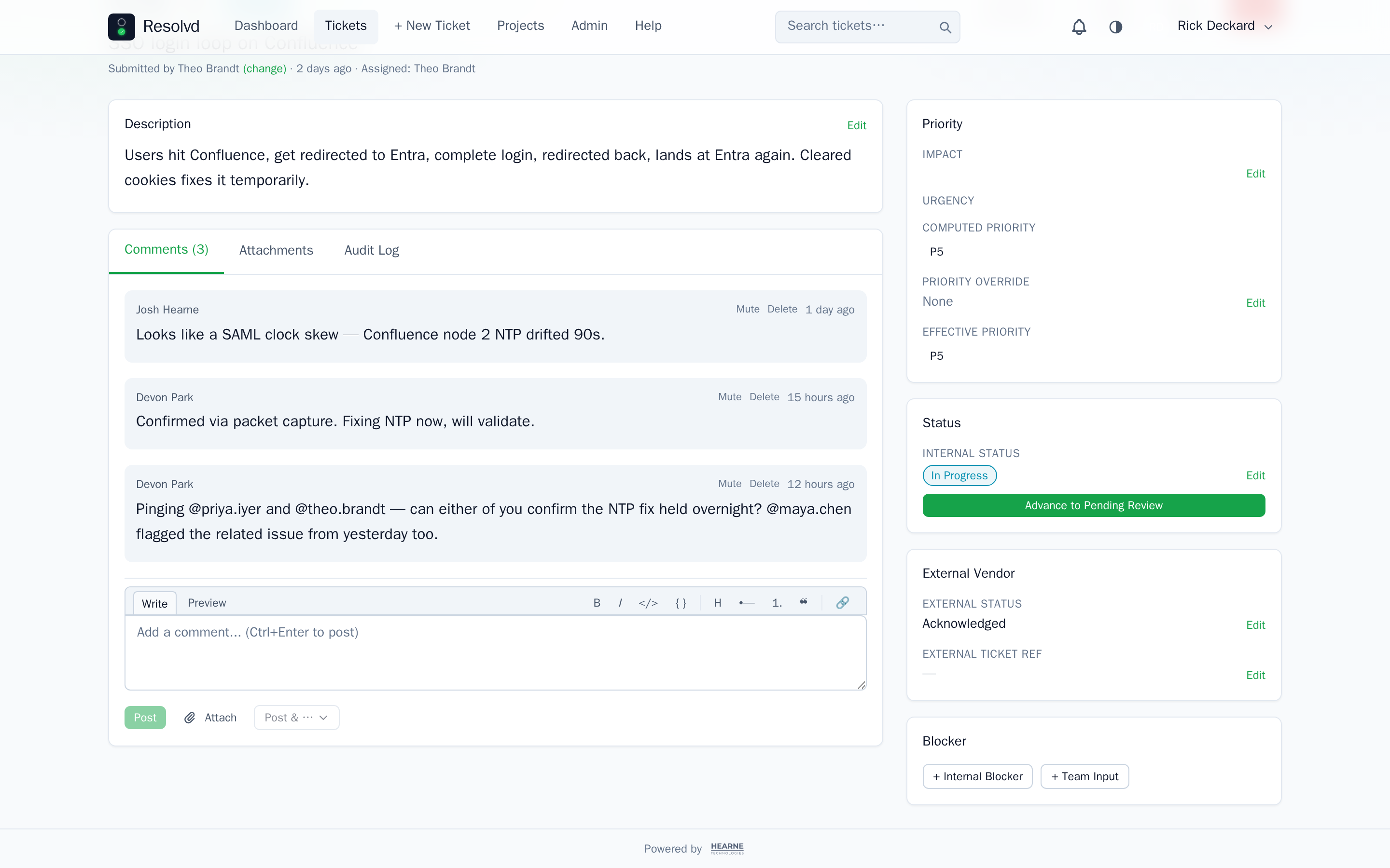 Comment thread on ACME-0004 with @priya.iyer, @theo.brandt, @maya.chen mentions resolved against the project's user roster.