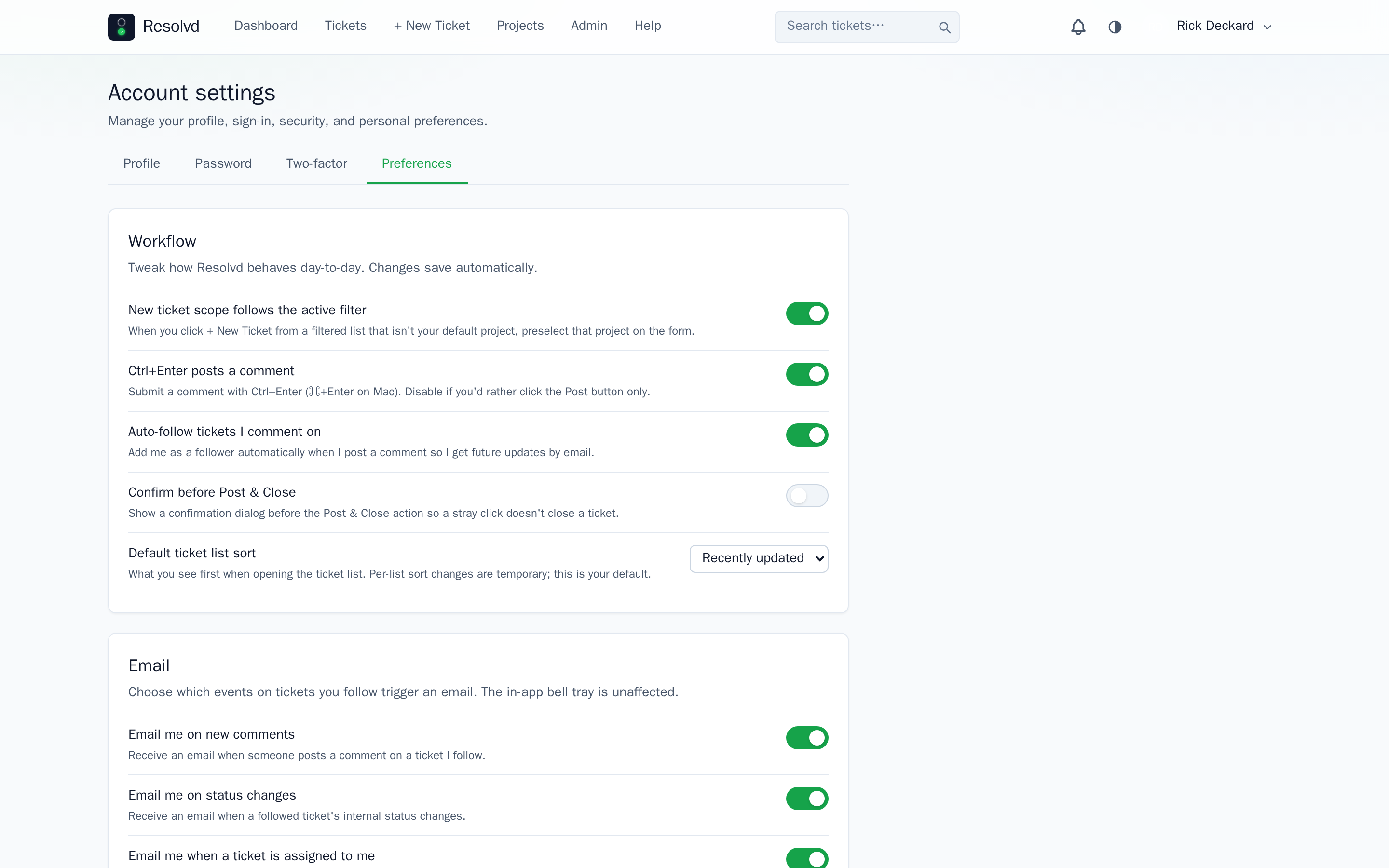 Account Settings → Preferences. Workflow toggles (Ctrl+Enter, auto-follow, default sort) above email channel toggles for new comments, status changes, and assignments.
