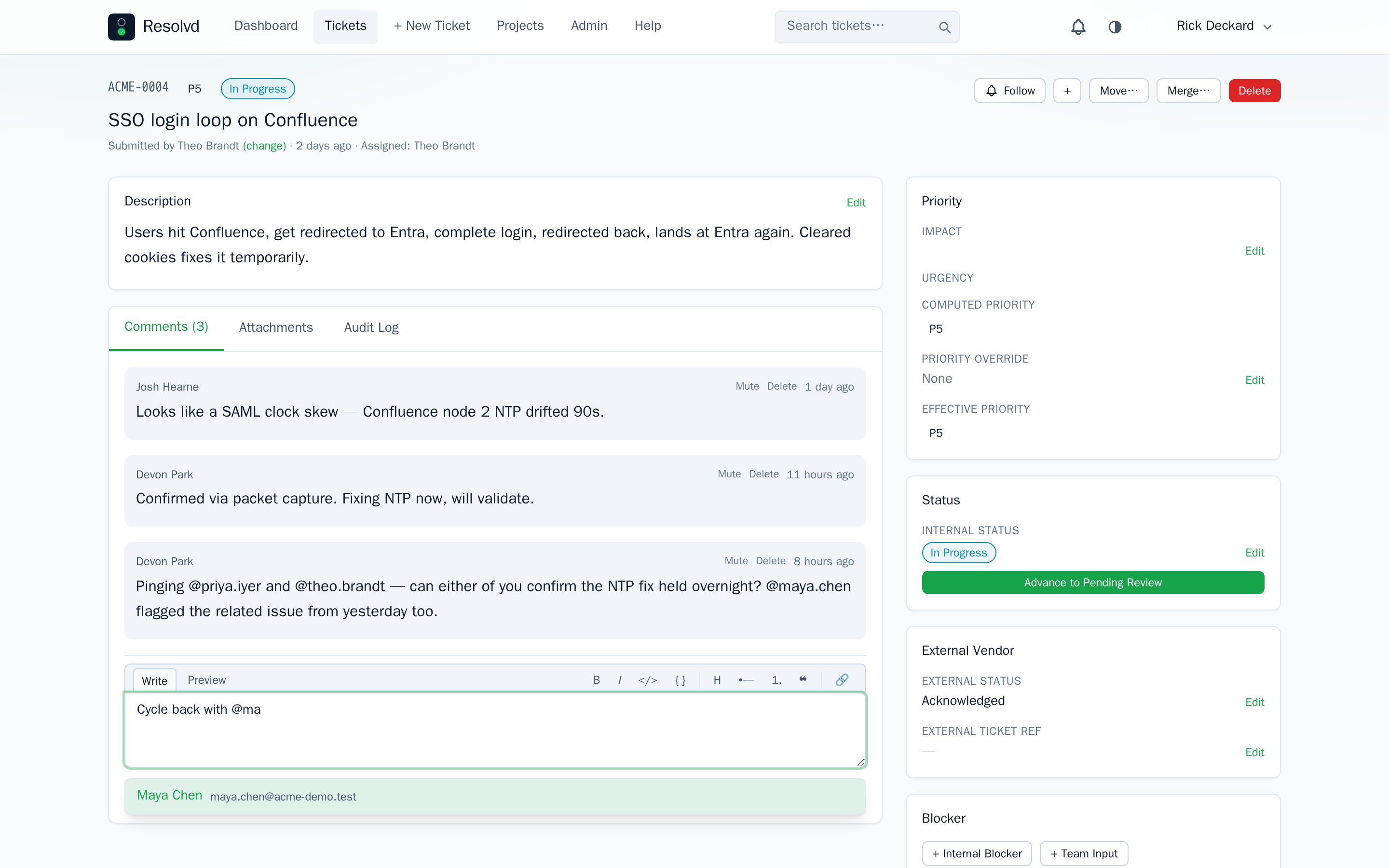 Comment editor with @ma typed and the project-scoped @mention dropdown showing "Maya Chen — maya.chen@acme-demo.test" as the matched suggestion.
