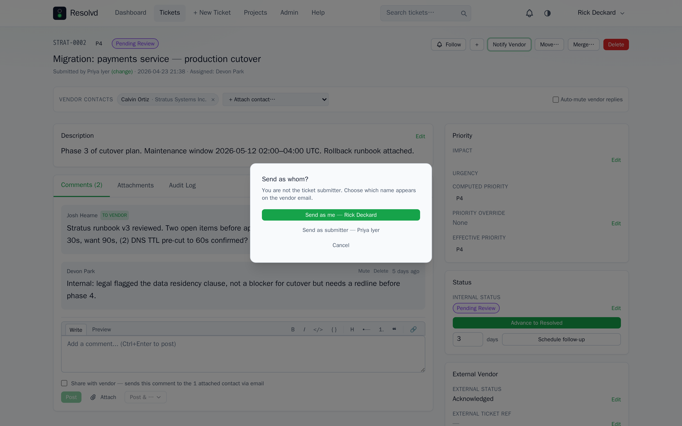 Send-As modal on a vendor-visible comment — Send as me (Shotbot) above Send as submitter (Priya Iyer). The acting human picks the display-name identity while From stays the connected mailbox.