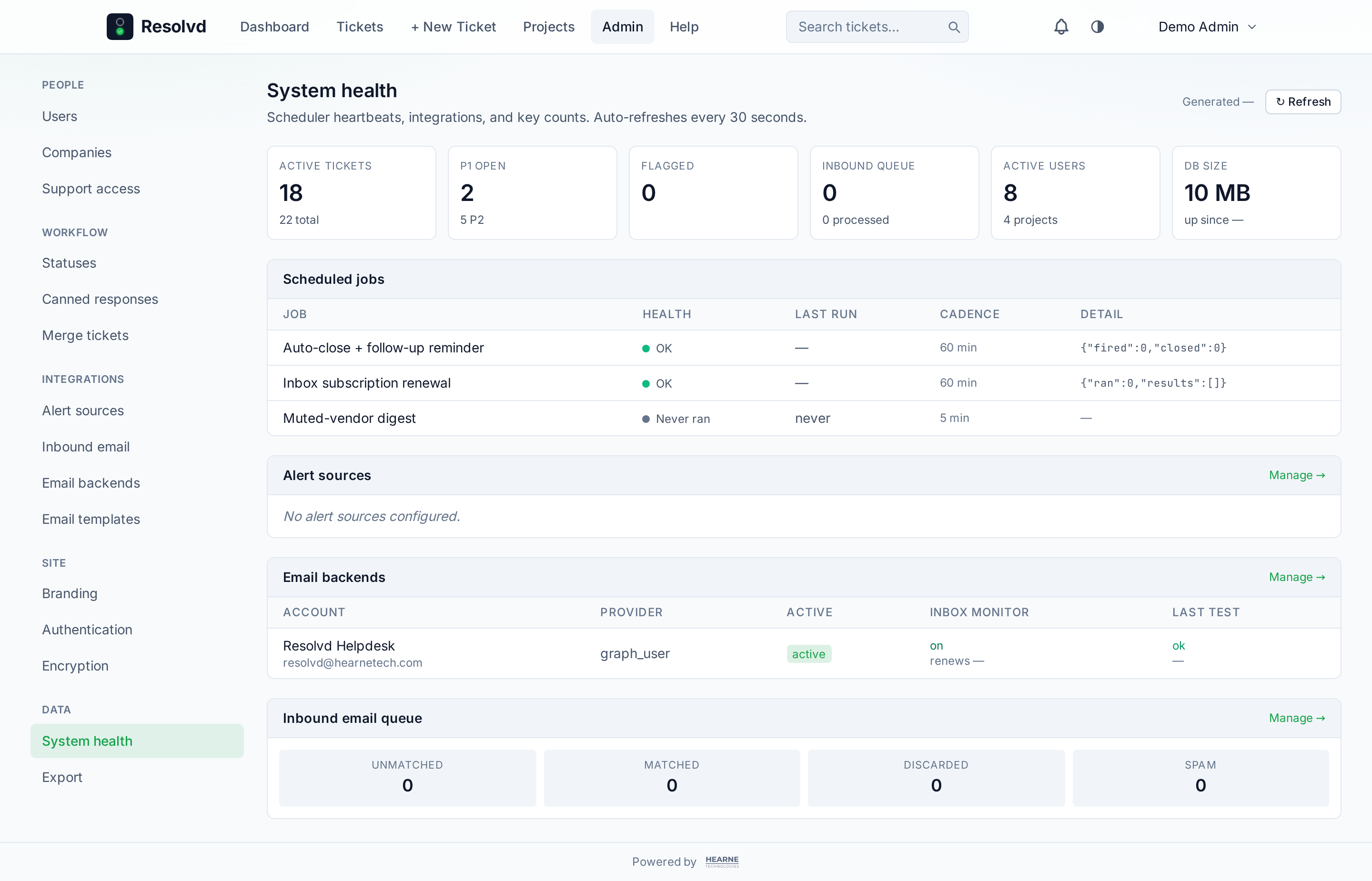 Admin → System health — scheduler job grid with status dots, DB stats card, ticket counters, inbound queue panel, alert-source last-seen list.