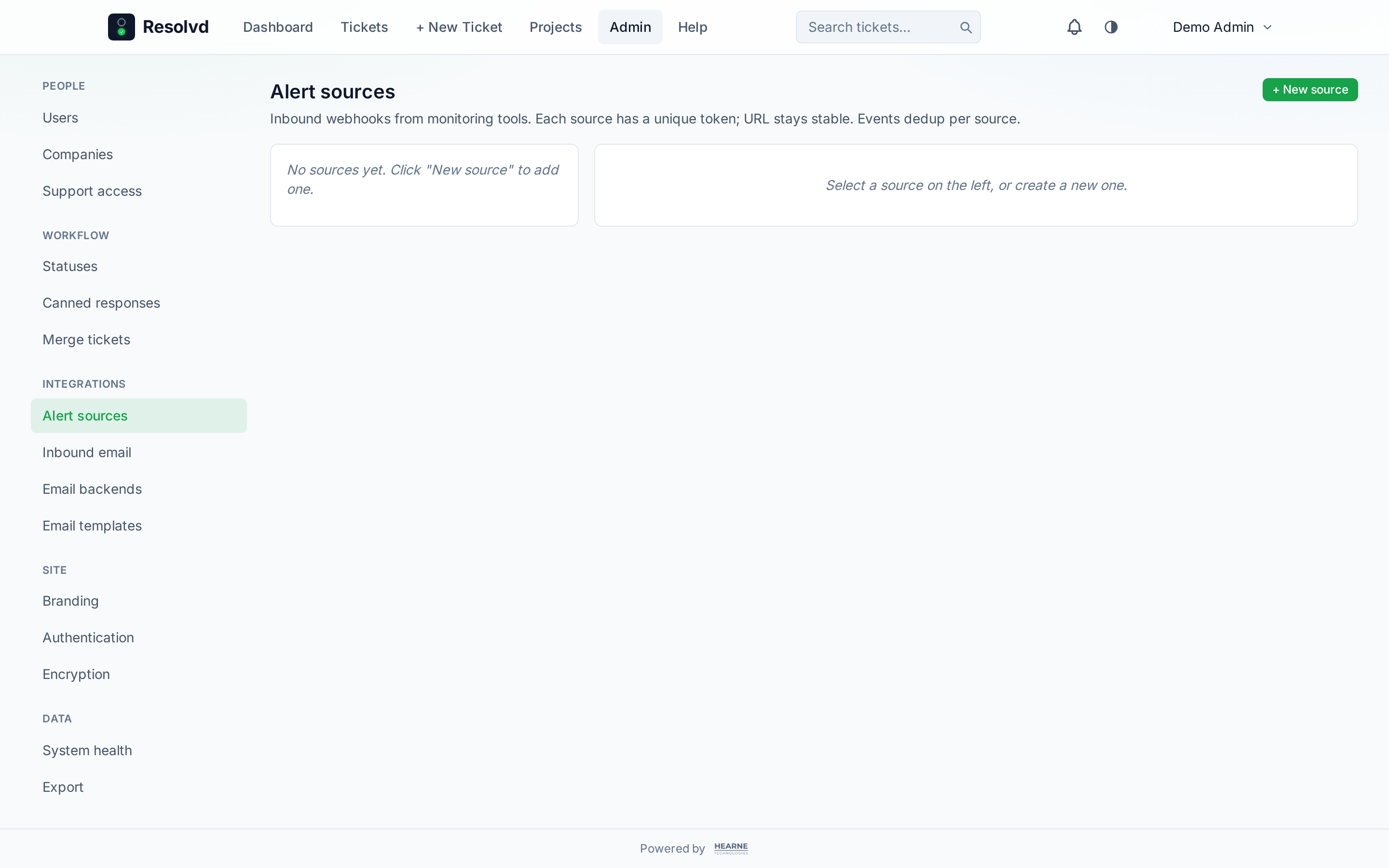 Admin → Alert sources detail for a Zabbix source — token banner, severity map editor, recent events table, copy-able media-type script.