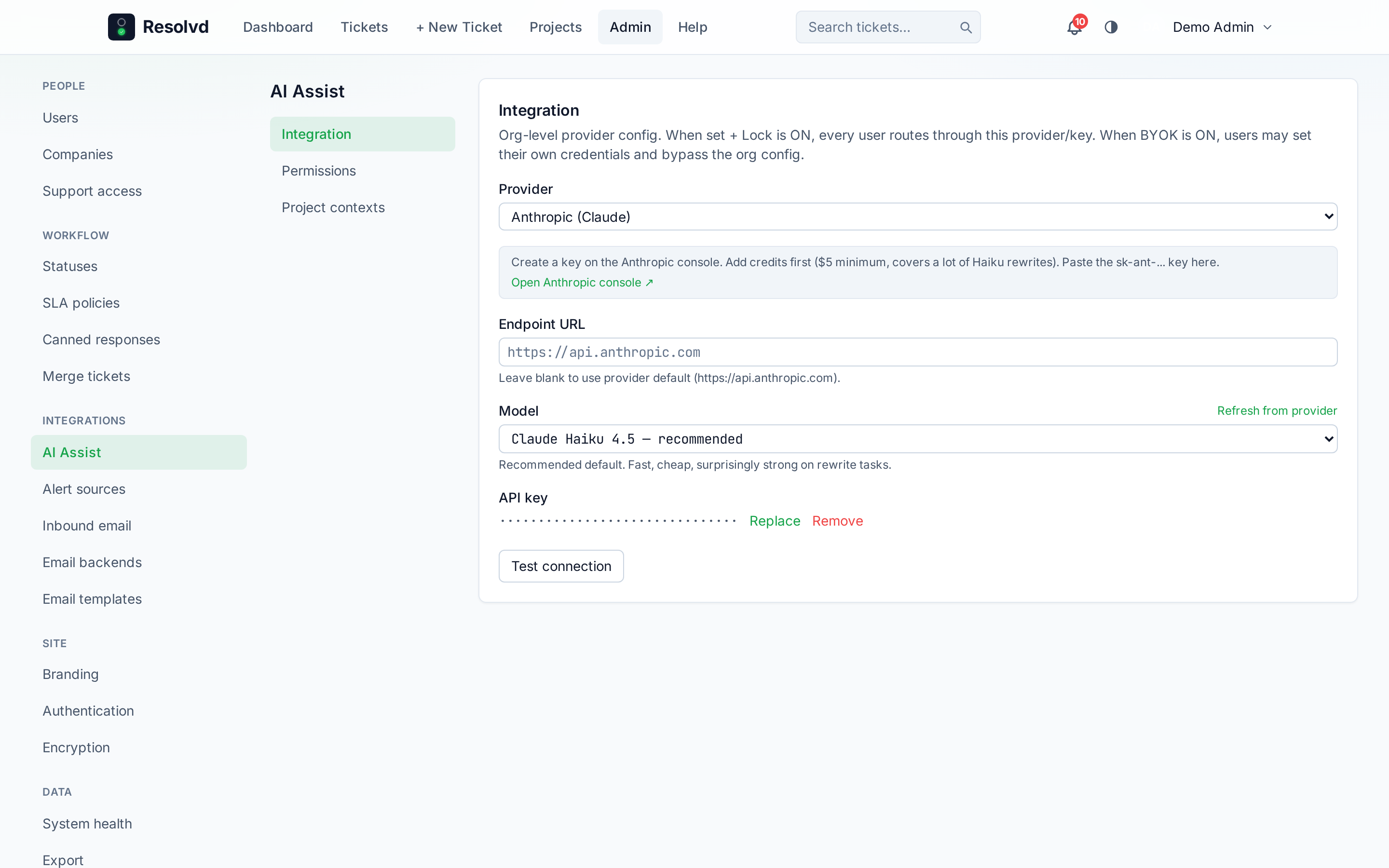 Admin → AI Assist → Integration pane — org provider dropdown, endpoint, model picker with Refresh, masked API key, Lock + BYOK toggles, Test connection.