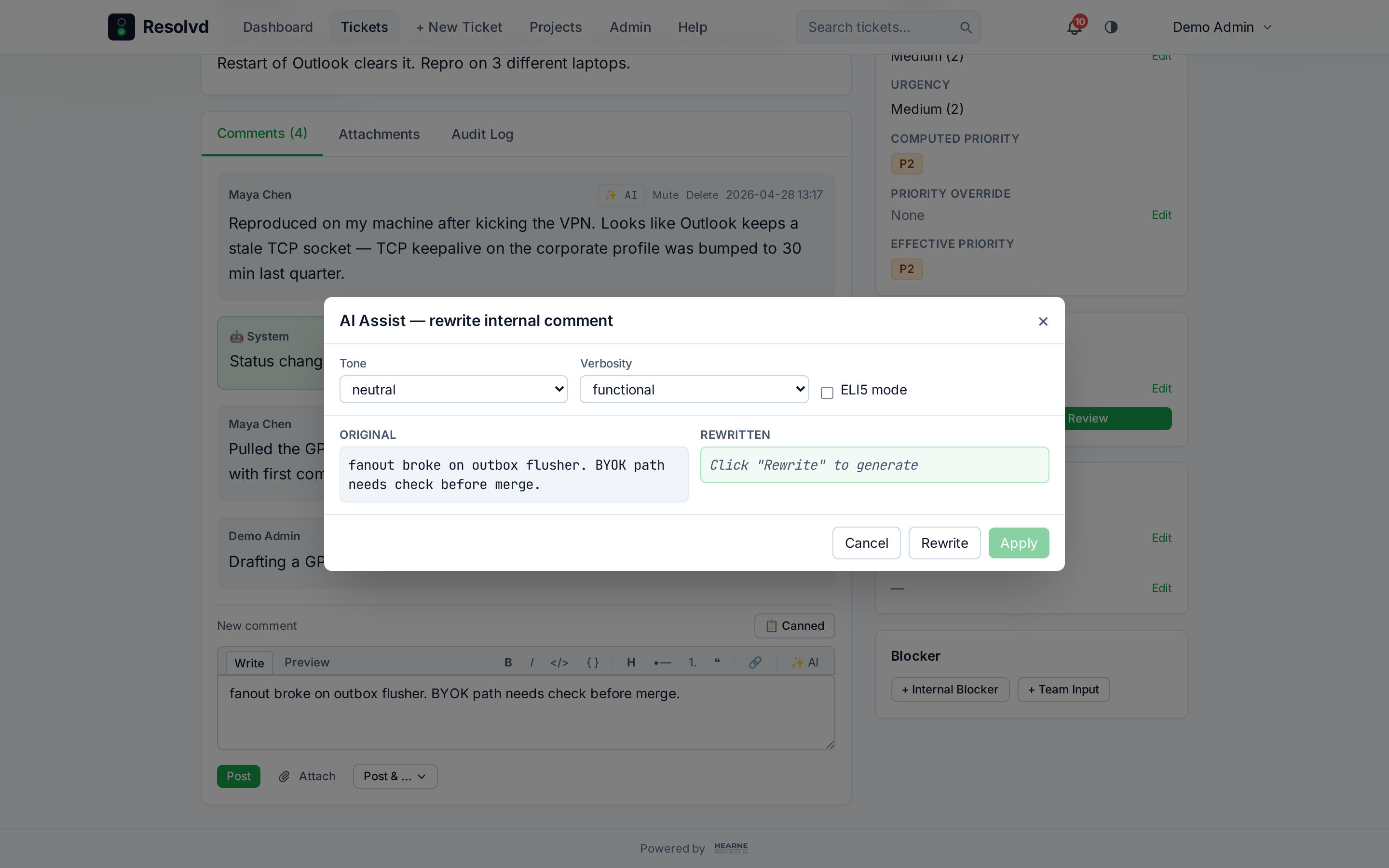 AI rewrite modal previewing a comment rewrite — provider/model/token usage badge in the header, tone + verbosity selectors, side-by-side panes, Apply / Re-roll / Cancel.