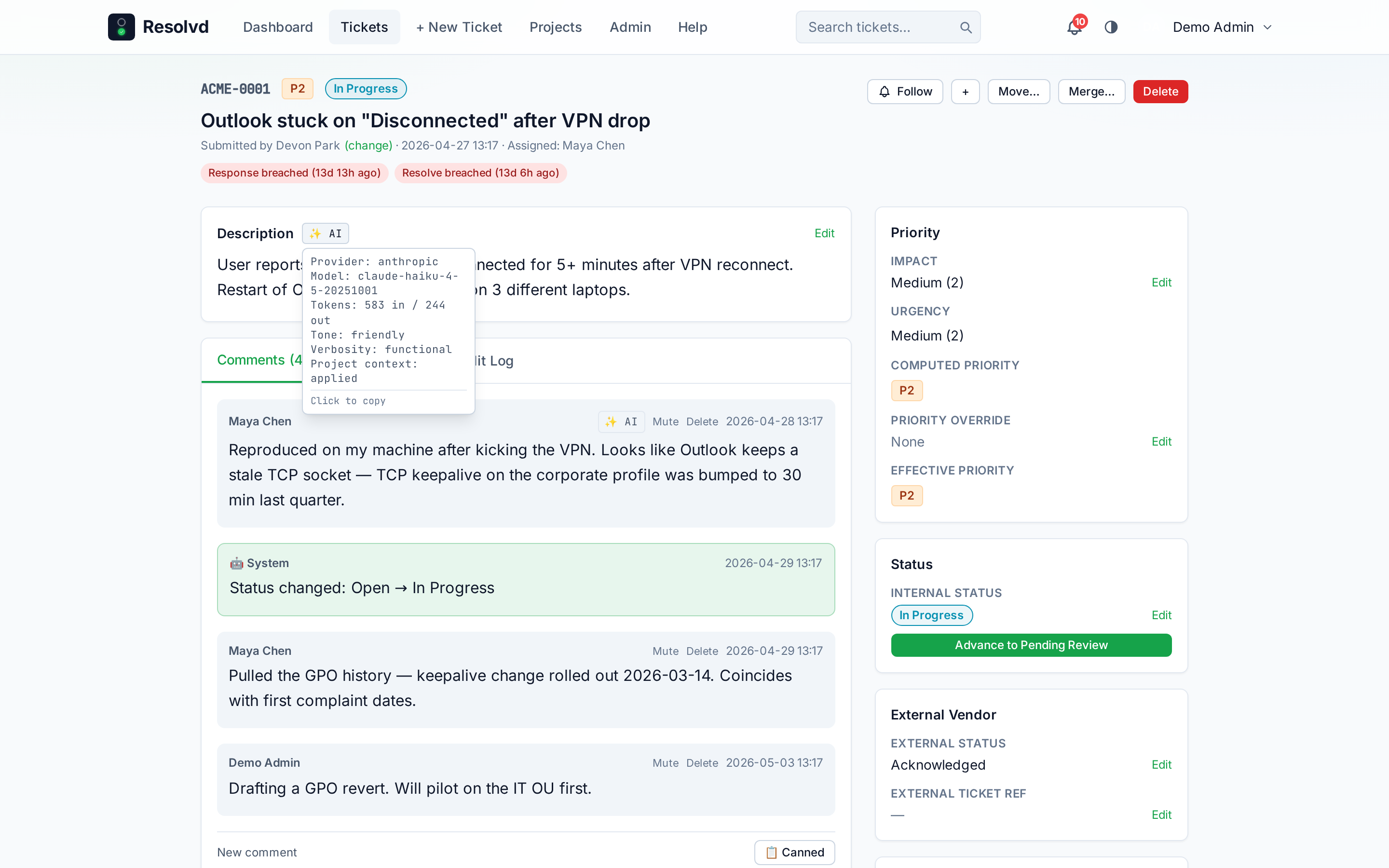 Comment row with the ✨ AI pill expanded into a tooltip — provider, model, tokens, tone, verbosity.
