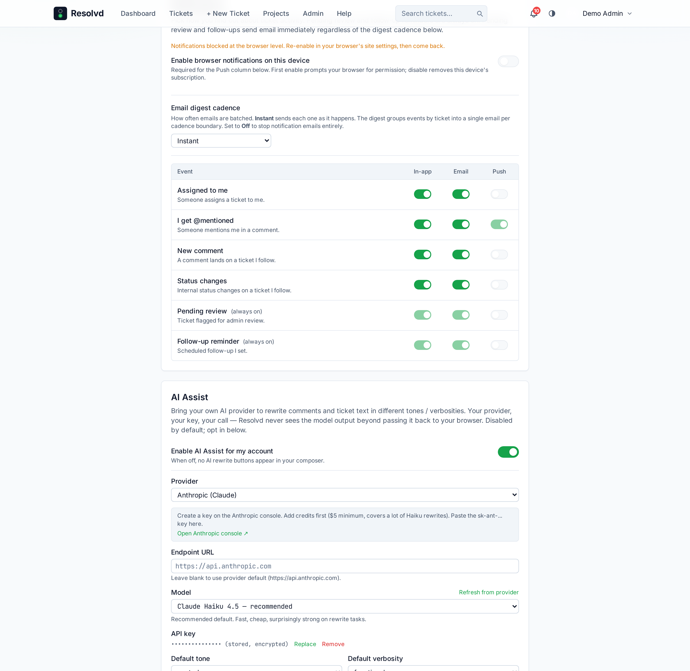 Account → Preferences → Notifications — browser permission toggle, email digest dropdown, 6×3 matrix with locked rows greyed.