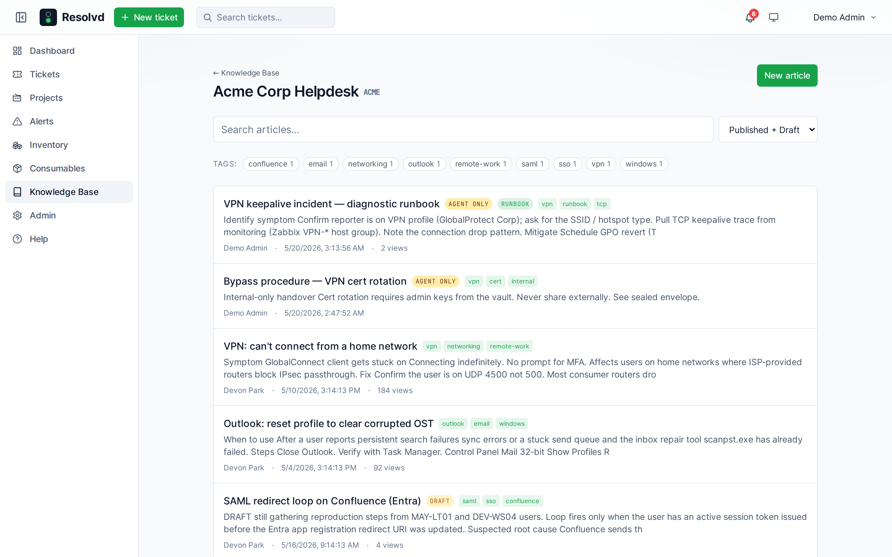 Agent-only article in the project list